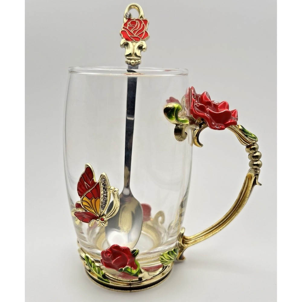 Rose Glass Tea Mug Spoon Set Enamel Butterfly Rhinestone Floral Gold Jeweled
